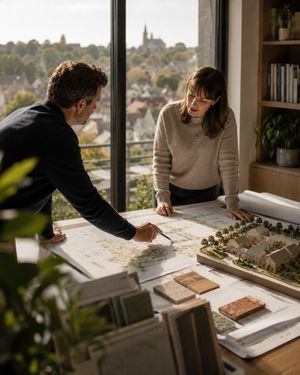 Two planners reviewing site plans and a model at a desk