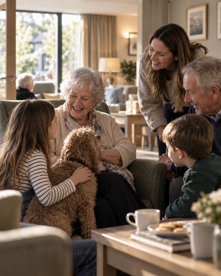 A resident laughing with her family and their dog in a care home lounge