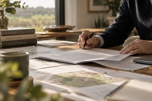 Two people shaking hands over site plans