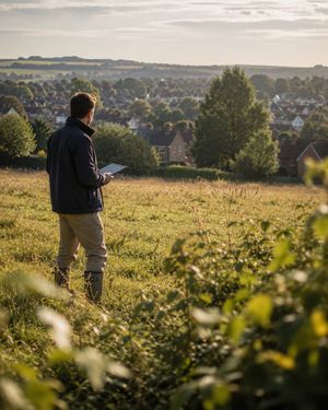 A land manager surveying a field on the edge of a town