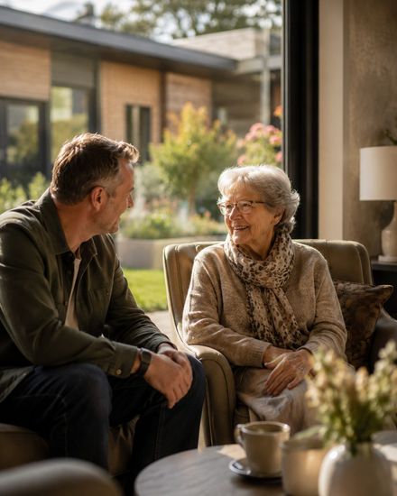 A man visiting an elderly relative in a bright care home lounge