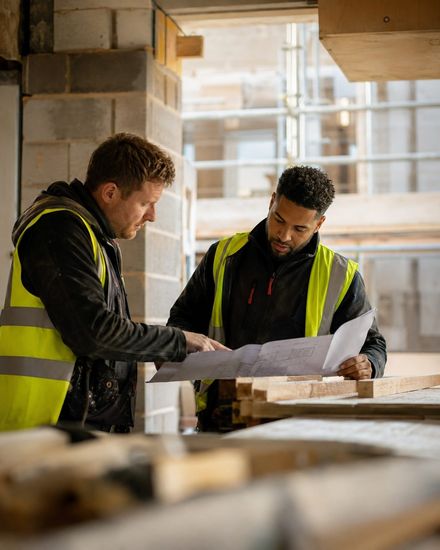Two site workers in hi-vis jackets reviewing plans on a construction site