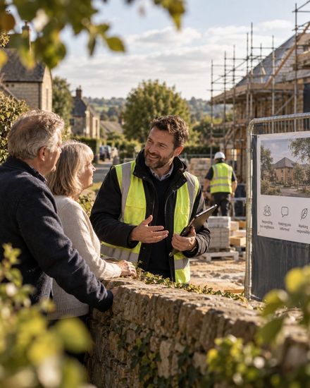 A site manager talking with neighbours over a garden wall beside a construction site
