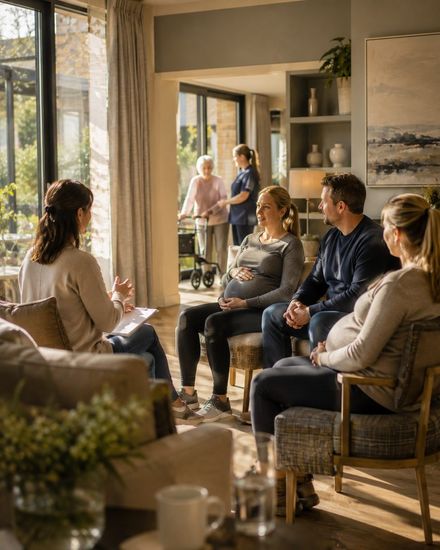 Families and residents talking together in a care home lounge